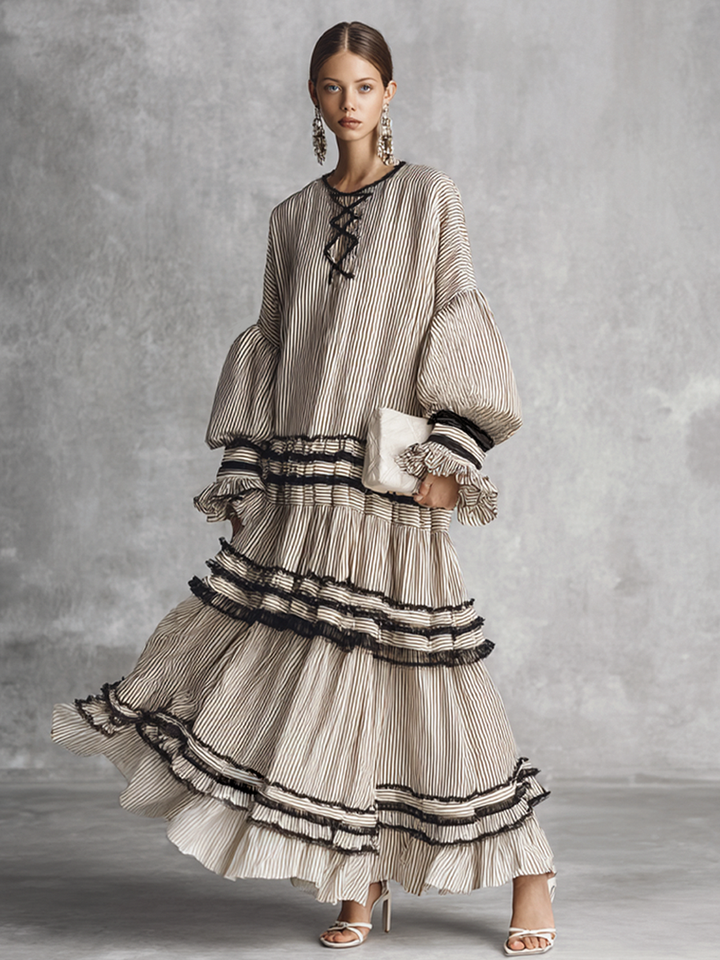 Dames Boho Gestreepte Ruffle Tiered Katoenmix Lange Mouwen Maxi Jurk MDZ1426B2BA