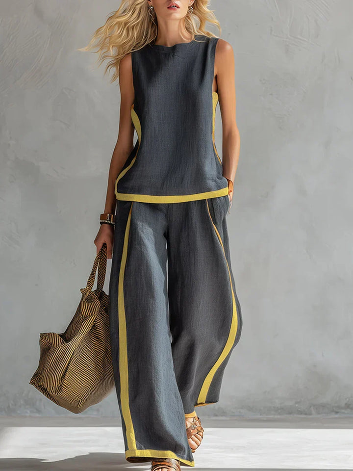 Ursula – Een chique en casual set van een vest en broek met tweekleurige details