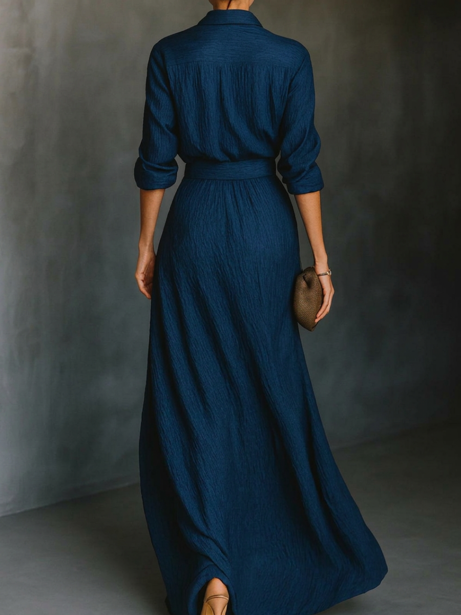 Set van Lange Mouwen met Kraag en Elegante Maxi Plissé Rok in Effen Kleur