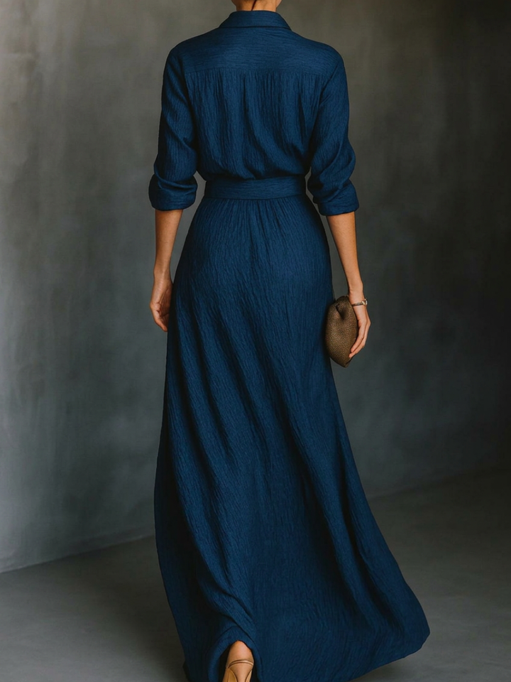Set van Lange Mouwen met Kraag en Elegante Maxi Plissé Rok in Effen Kleur