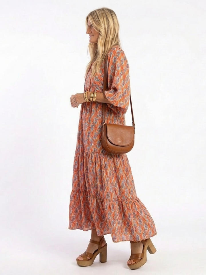 Amara | Geometrische Print V-hals Laag Midi-jurk