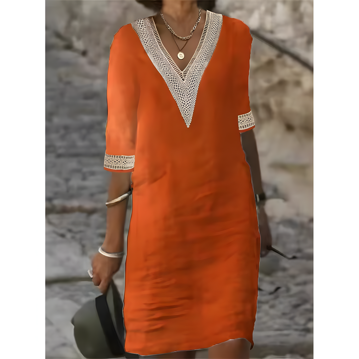 Isabeau™ | Midi Jurk met V-hals en Contrasterende Kantdetails