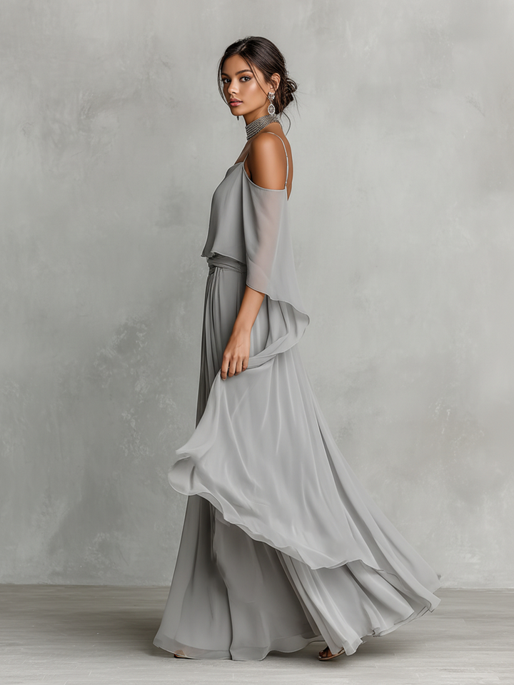 Dames Grijze Ademend Chiffon Set Met Koude Schouder Detail & Flared Silhouette, Hedendaagse Luxe-Vrouwelijke Stijl Set MDZ2651B6I