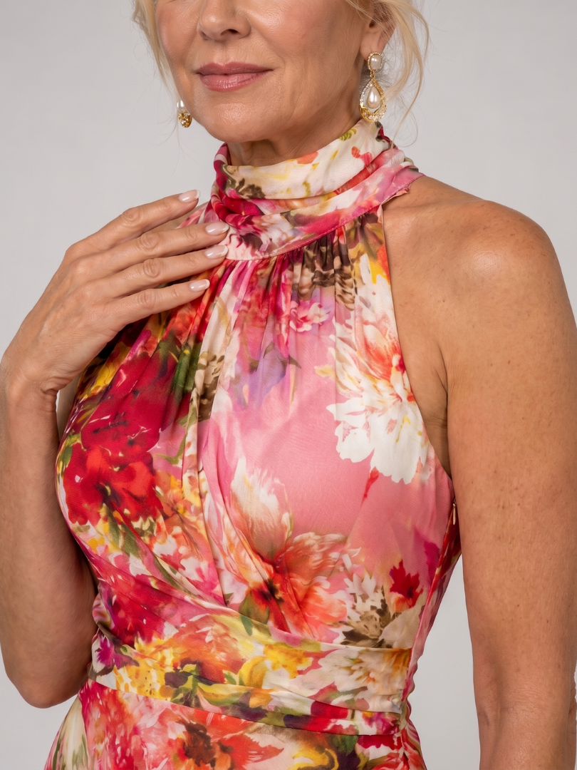 Elisabetta | Halternek Bloemenprint Maxi Jurk