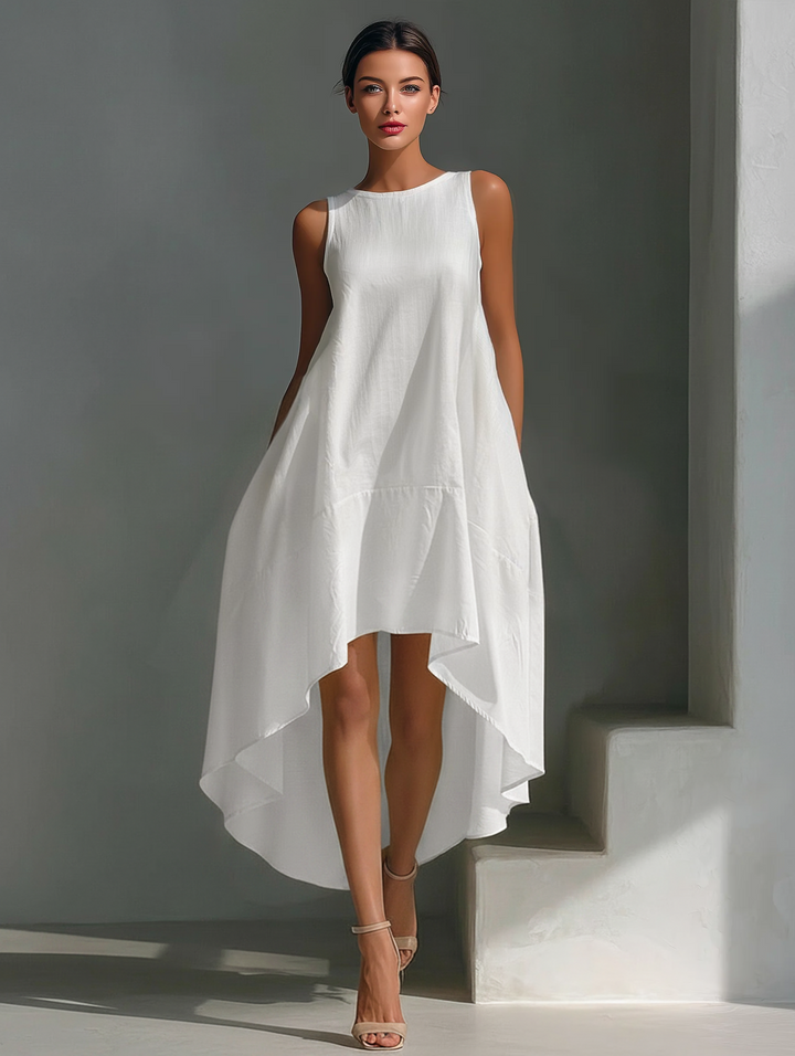 Vrouwen Witte Linnen Stoffen Mouwloze Midi Jurk Met Ronde Hals & Asymmetrische Zoom MDZ0987B9T