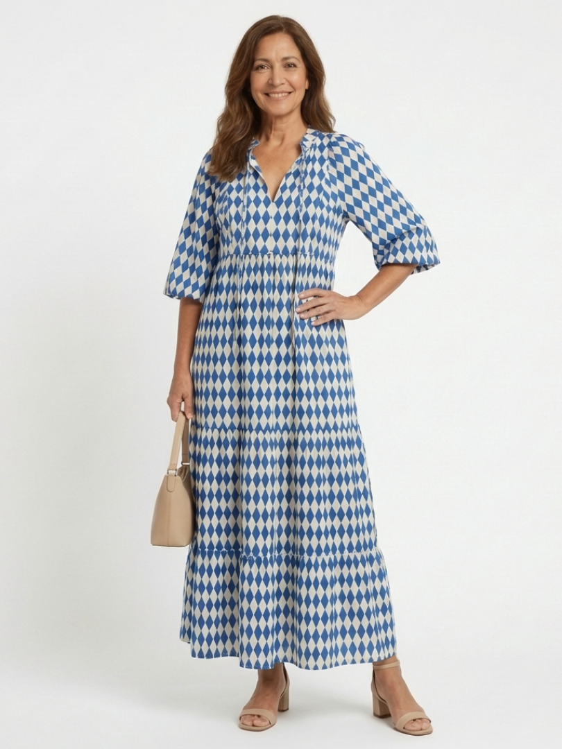 Elodie | Jurk met diamantpatroon en gelaagde rok