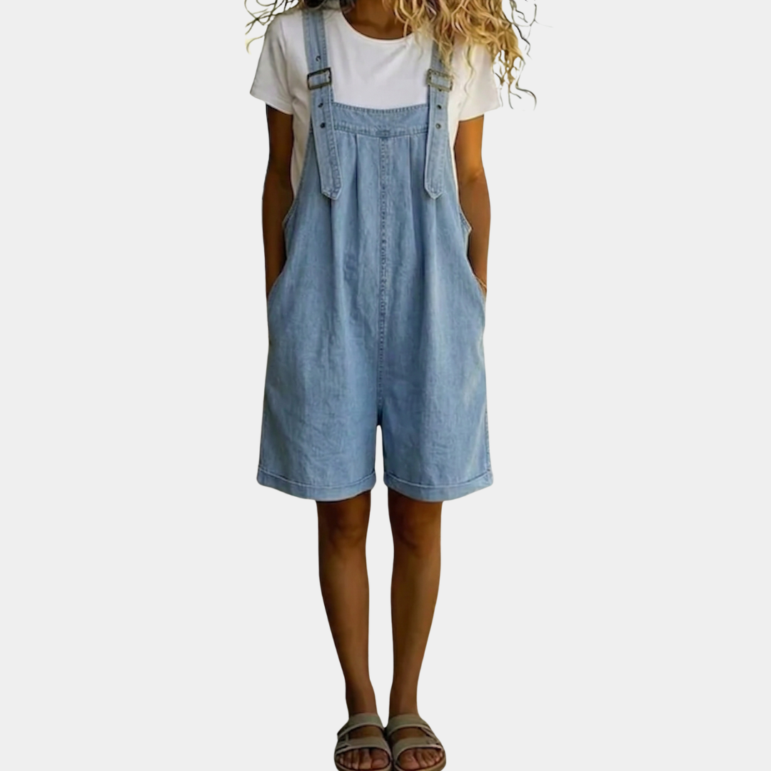 Isabel - Korte denim jumpsuit met zachte katoenlook en vintage wasbeurt Lichtblauw