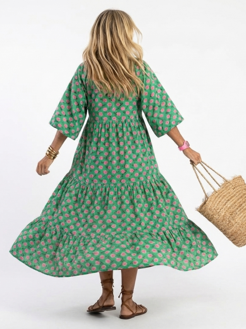 Fiora | Bloemenprint V-hals Laag Midi Jurk