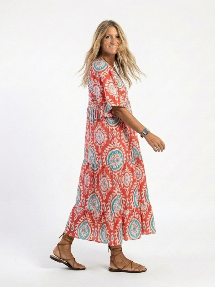 Zaria | Paisley-Print V-Hals Korte Mouw Midi-Jurk