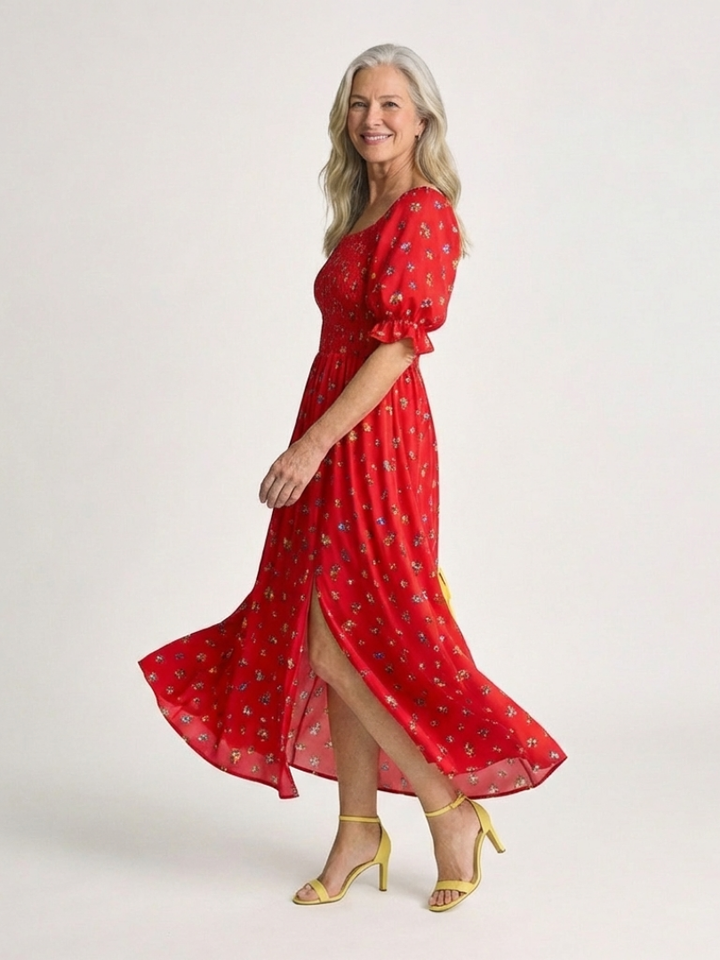 Delphine | Midi-jurk met vierkante halslijn en bloemenpatroon