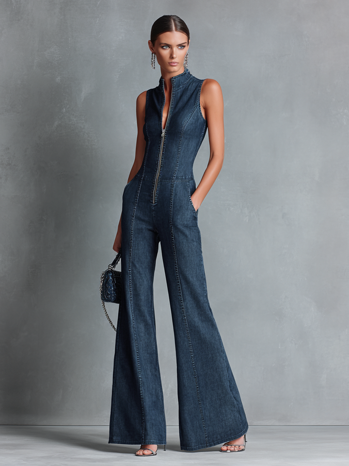 Dames Retro Stijl Donkerblauwe Denim Mouwloze Hoge Hals Uitlopende Jumpsuit Met Voorrits MDZ1239B2BA