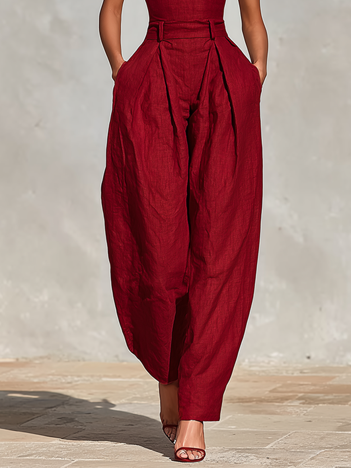Dames Rode Linnen Jumpsuit Met Spaghetti Bandjes & Hoge Taille Plissé Broek, Tijdloze Romantisch-Elegante Stijl Jumpsuit MDZ1915C8I