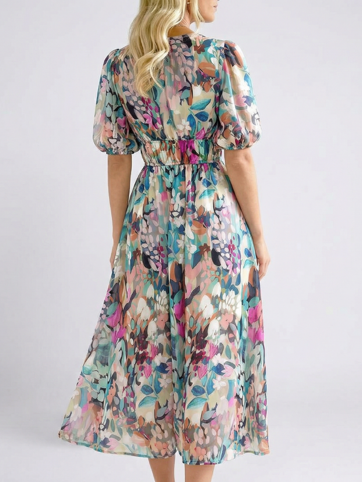 Eulalie | V-hals Korte Mouw Geraffineerde Taille Midi-jurk