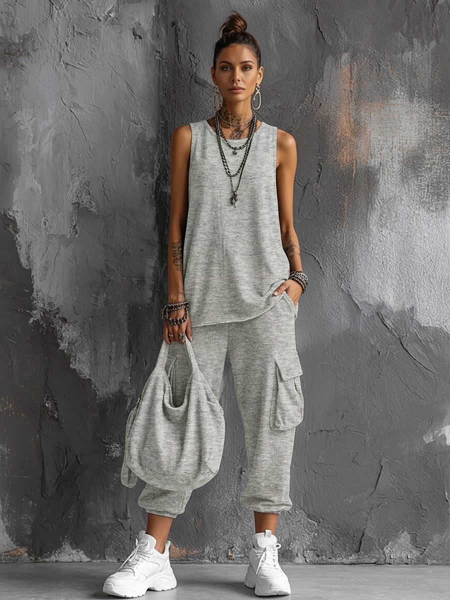 Dames Casual Stijl Donkergrijze Katoenmix Mouwloze Top + Jogger Cargo Broek Set MDZ2365D7GMJ