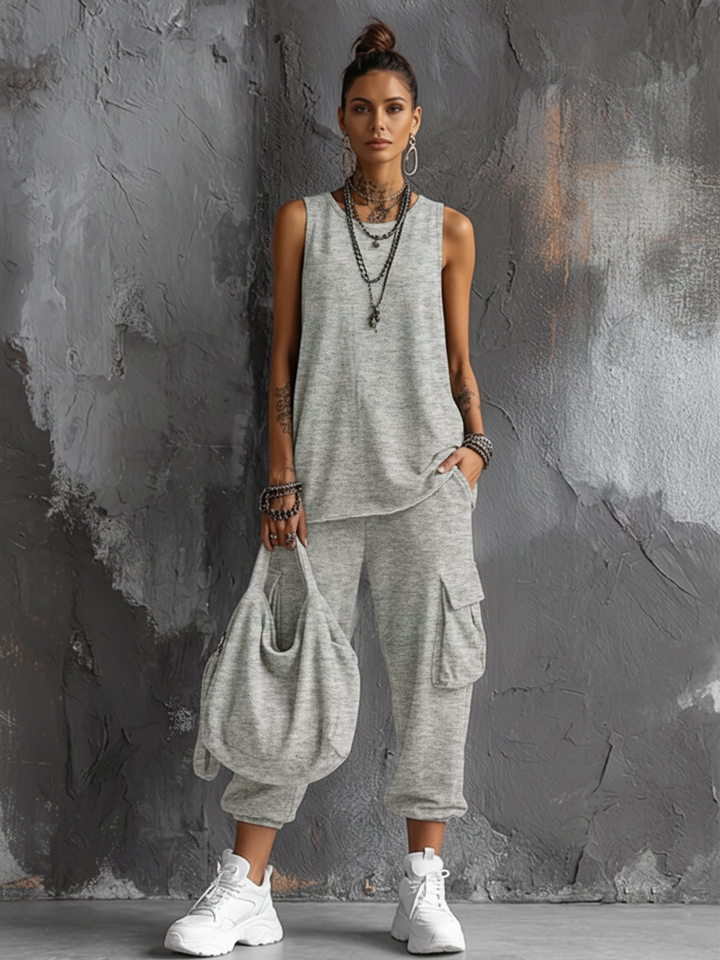 Dames Casual Stijl Donkergrijze Katoenmix Mouwloze Top + Jogger Cargo Broek Set MDZ2365D7GMJ