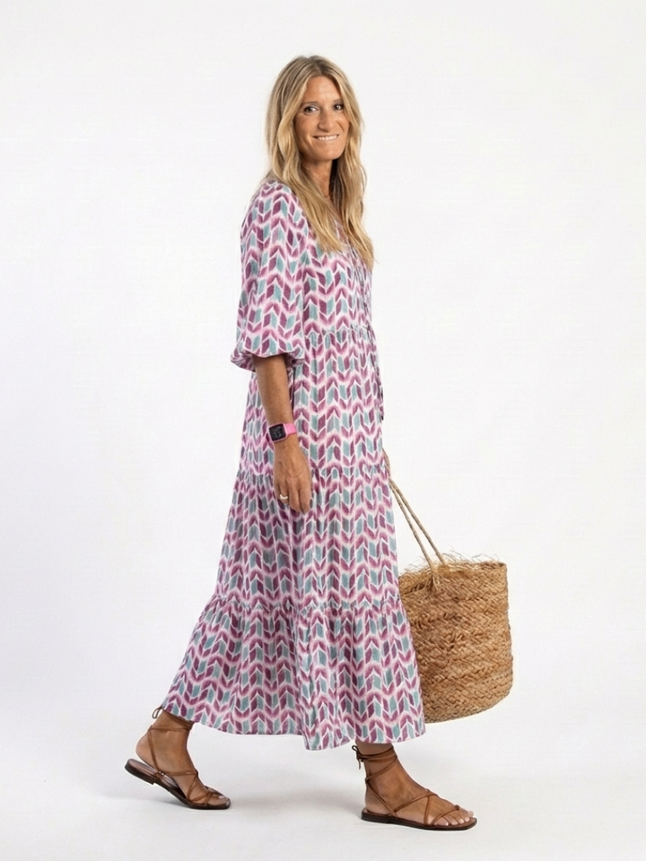 Mireya | Geometrische Print Lange Mouwen Tiered Midi Jurk