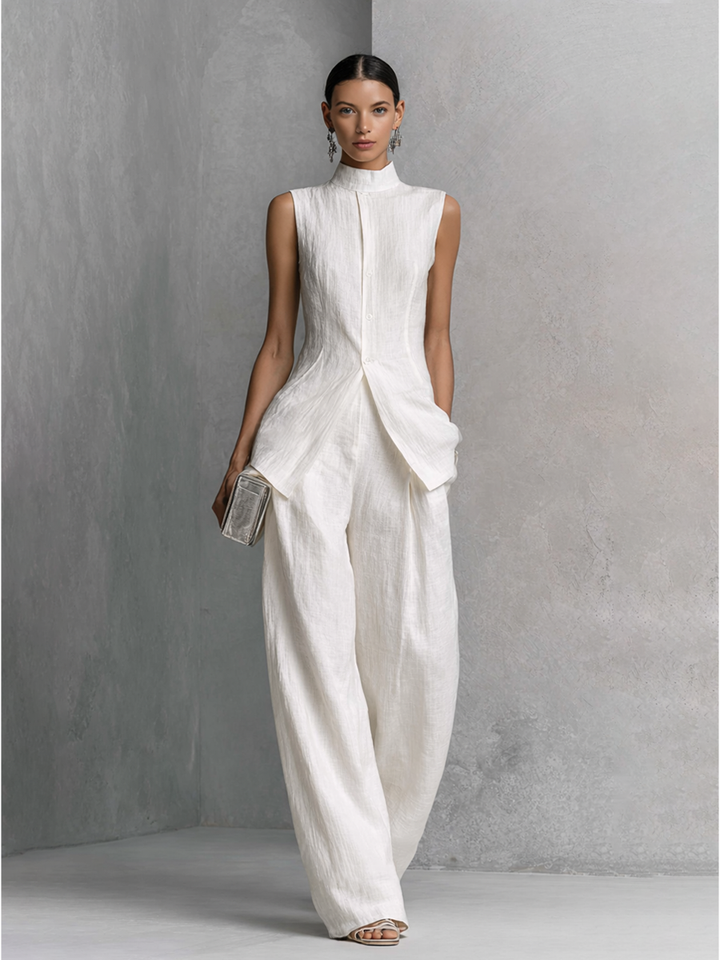Dames Elegante Witte Katoen Linnen Mouwloze Top en Wijde Broek Set MDZ0221B1BA