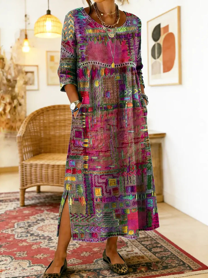 Manuela denim jurk met etnische patchwork
