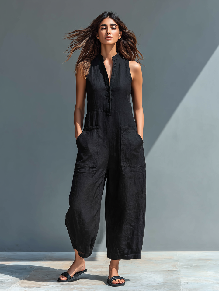 Dames Minimalistische Linnenmix Knop-up Staande Kraag Mouwloze Losse Jumpsuit MDZ2725A5Y