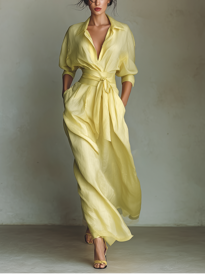 Dames Maxi Shirt Jurk In Citroengeel Katoen En Linnenmix Met Strik Taille & Halve Mouwen MDZ2884A4T