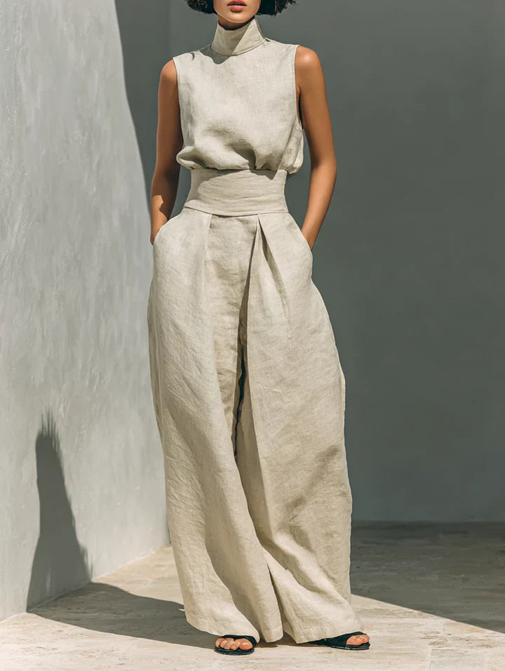 Flor™ | Minimalistische set van mouwloze blouse en wijde broek van katoen en linnen voor dames