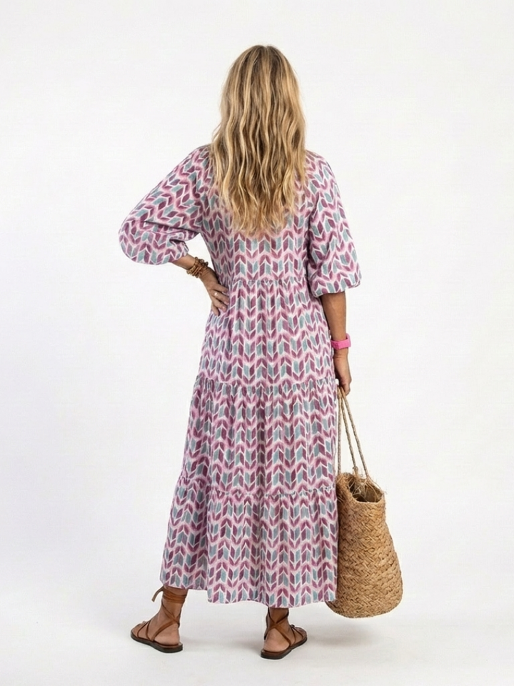 Mireya | Geometrische Print Lange Mouwen Tiered Midi Jurk