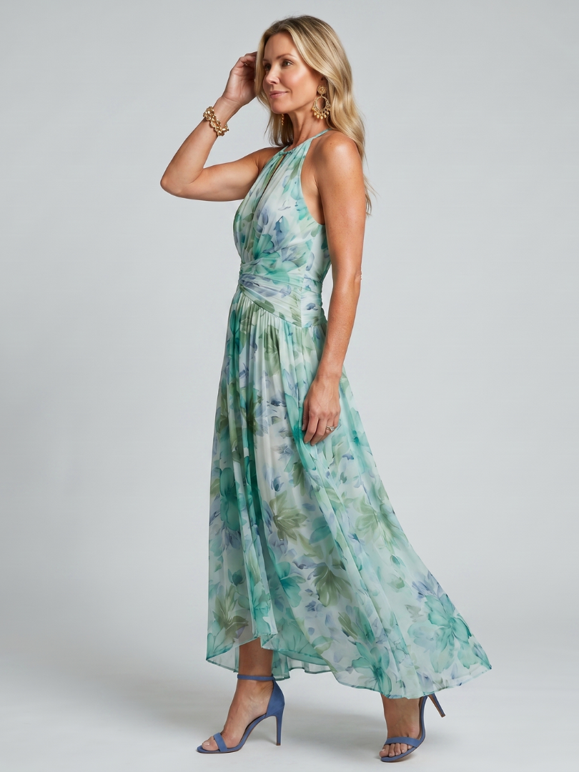 Portia | Geplooide Halter Midi-jurk met Zachte Bloemenpatroon