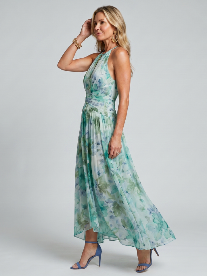 Portia | Geplooide Halter Midi-jurk met Zachte Bloemenpatroon