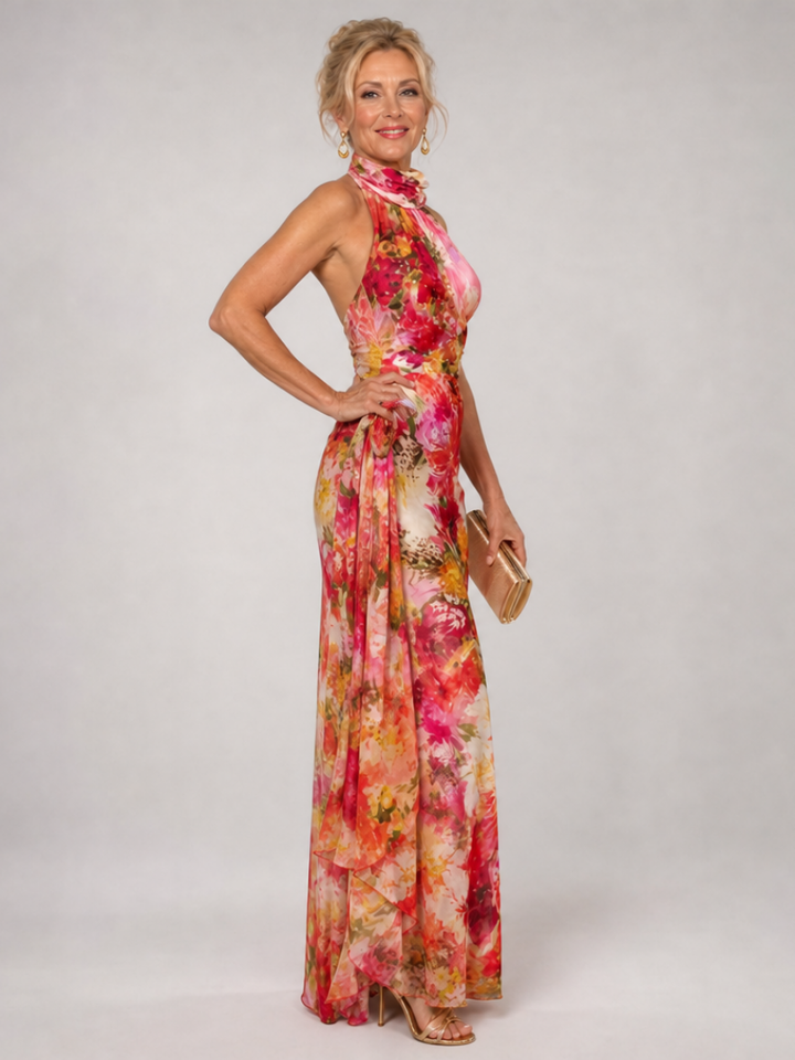 Elisabetta | Halternek Bloemenprint Maxi Jurk
