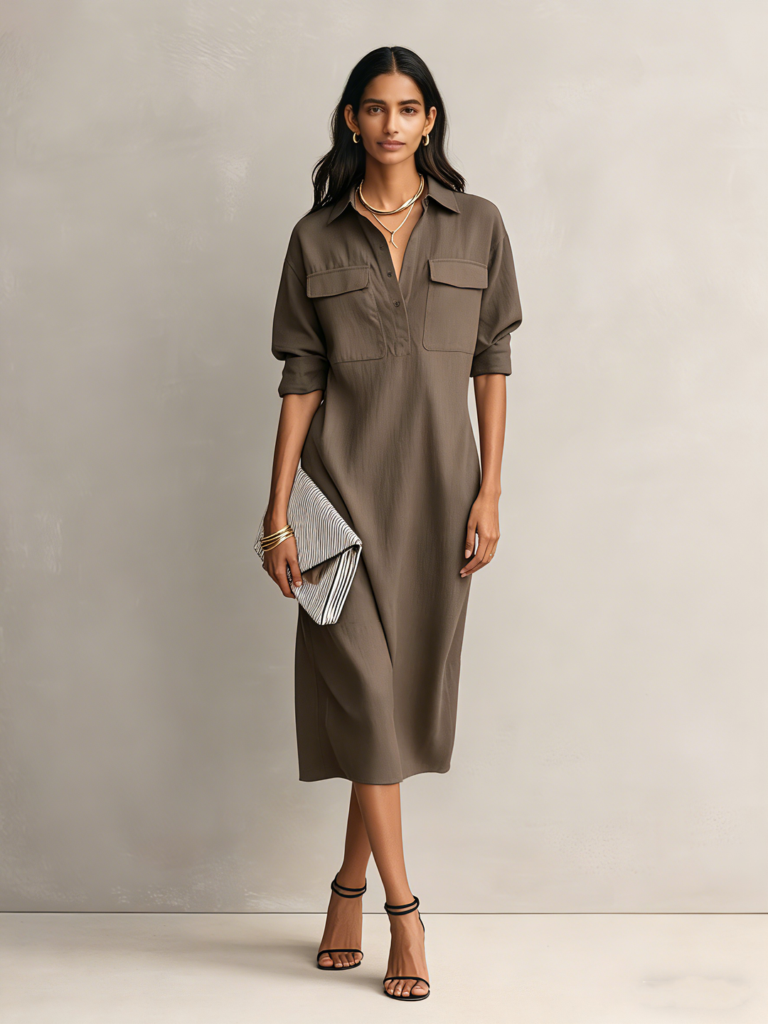 Vrouwen Elegant Zwart Katoen-Linnen Blend Overhemdkraag Korte Mouwen Midi Jurk MDZ0455C2AN