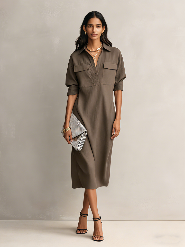 Vrouwen Elegant Zwart Katoen-Linnen Blend Overhemdkraag Korte Mouwen Midi Jurk MDZ0455C2AN