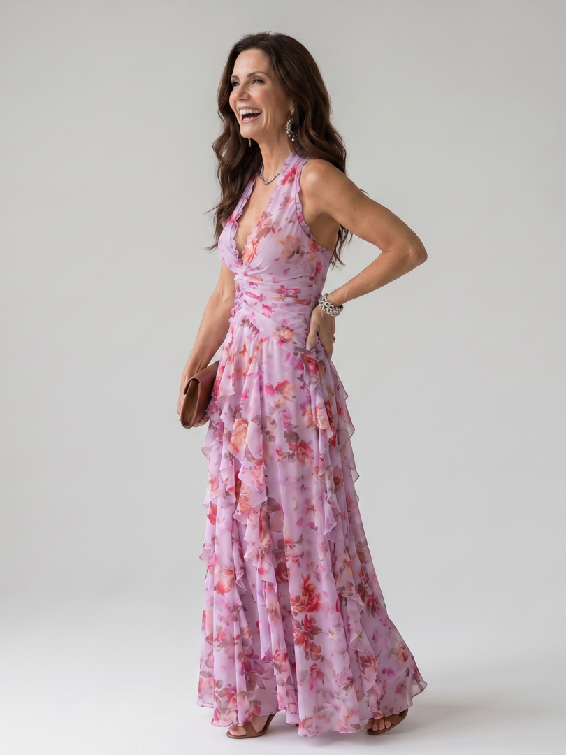 Nori | Halter Neck Gerimpelde Bodice Bloemen Maxi Jurk