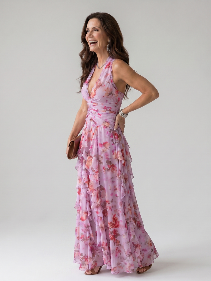 Nori | Halter Neck Gerimpelde Bodice Bloemen Maxi Jurk