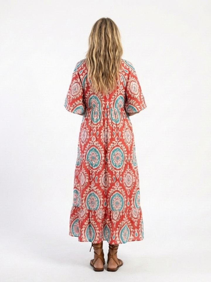 Zaria | Paisley-Print V-Hals Korte Mouw Midi-Jurk