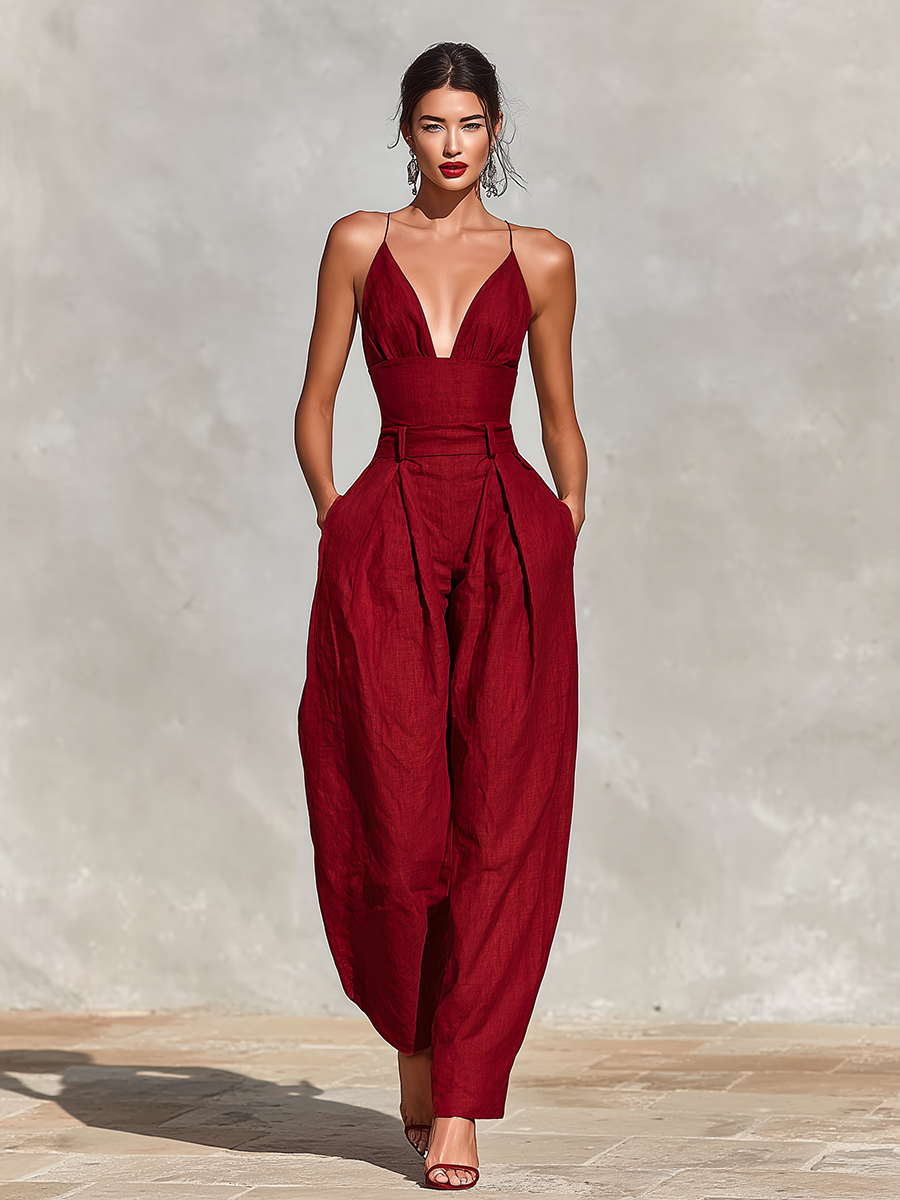 Dames Rode Linnen Jumpsuit Met Spaghetti Bandjes & Hoge Taille Plissé Broek, Tijdloze Romantisch-Elegante Stijl Jumpsuit MDZ1915C8I