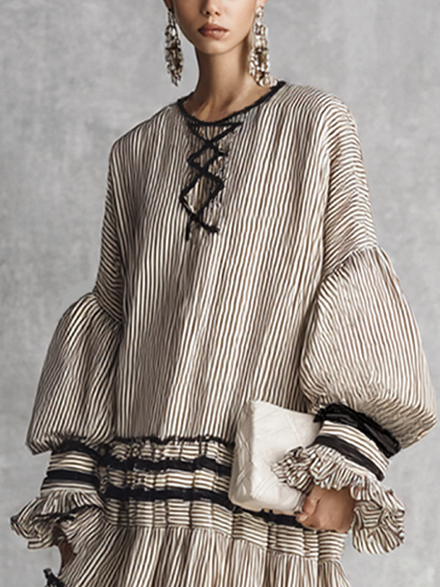 Dames Boho Gestreepte Ruffle Tiered Katoenmix Lange Mouwen Maxi Jurk MDZ1426B2BA