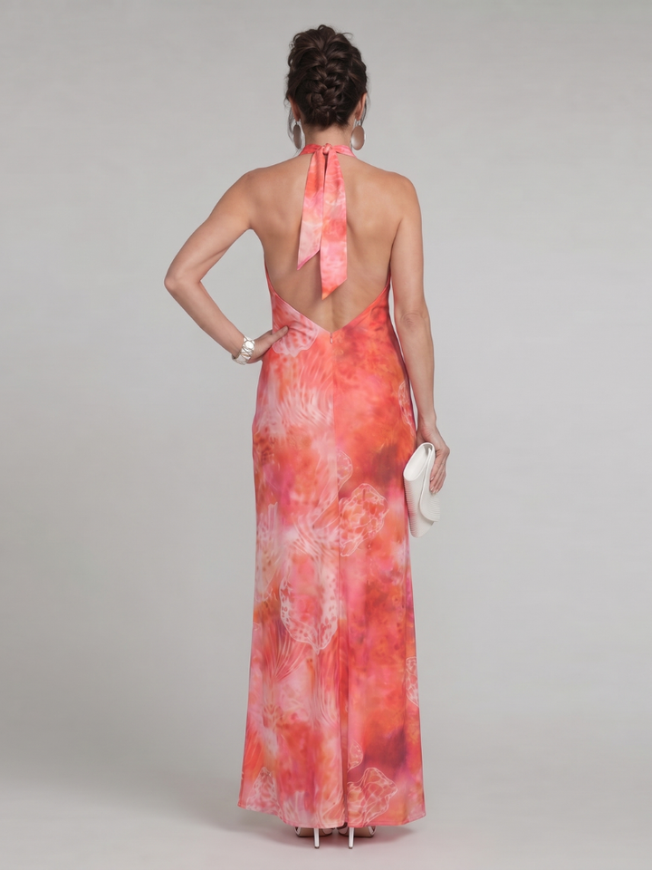 Coraline | Halternek Gedrukt Patroon Maxi Jurk