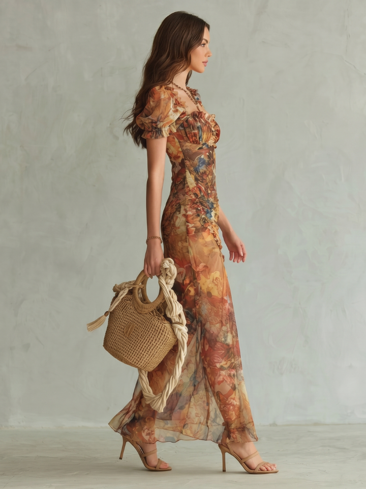 Ciel | Rimpel Mouw Ruched Splits Midi Jurk
