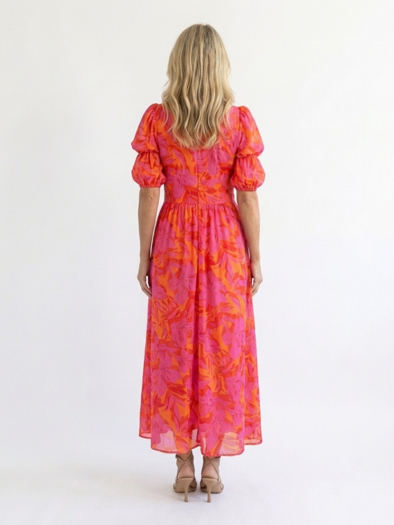 Wilg | Bloemige V-hals Midi-jurk met Puffmouwen