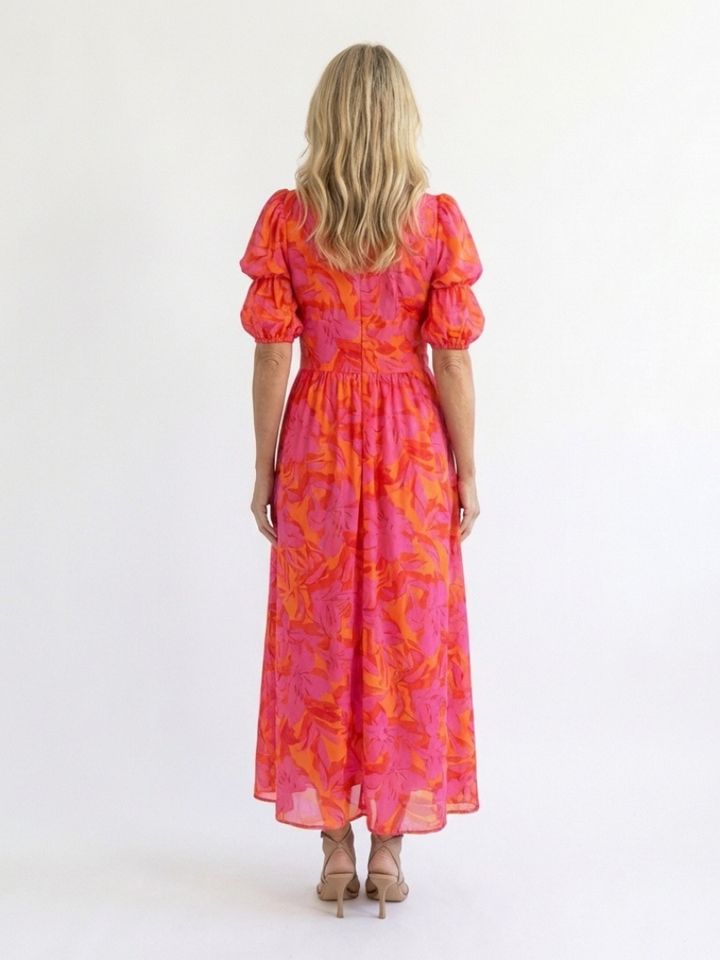 Wilg | Bloemige V-hals Midi-jurk met Puffmouwen