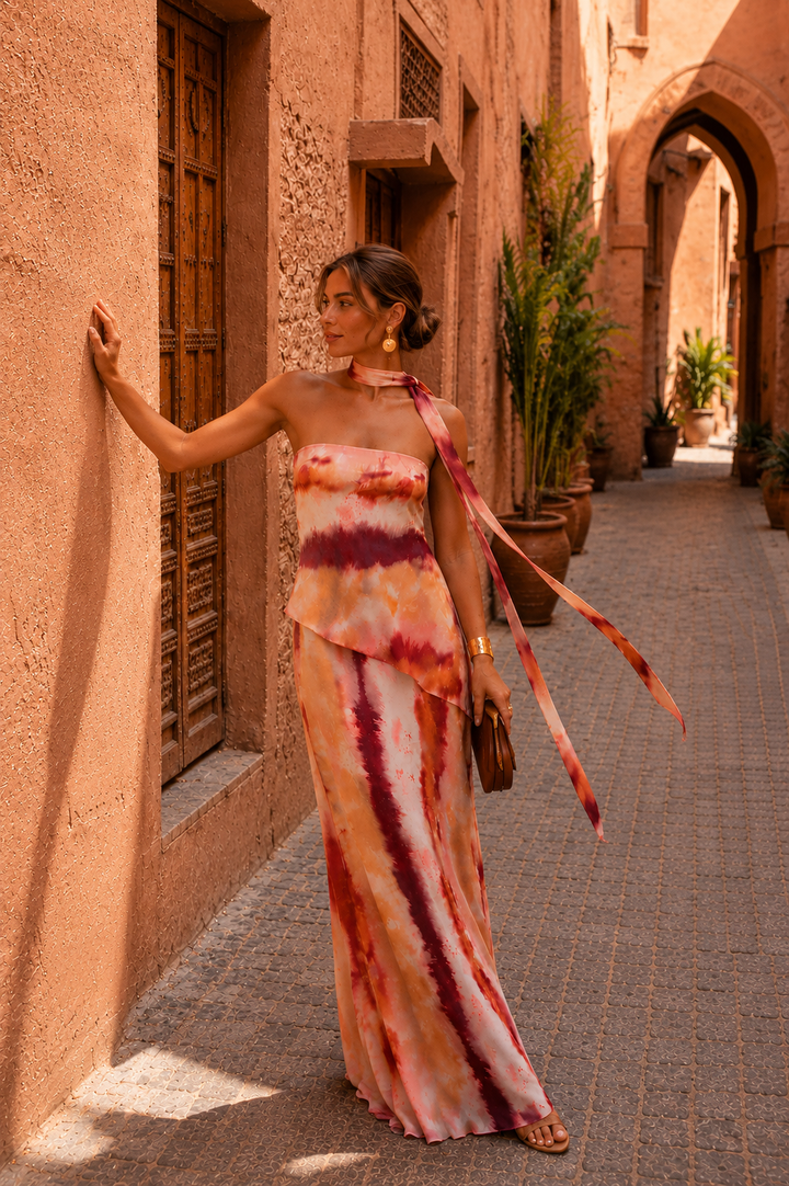Aitana│Lang geprint jurkje met strapless halslijn