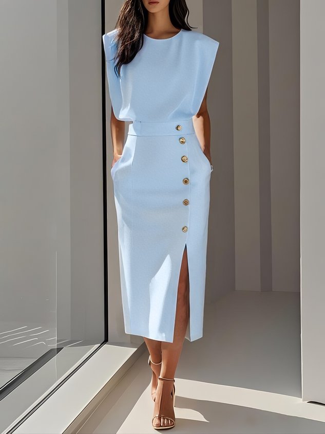 Malene™ | Effen midi-jurk met knoopsluiting en ronde hals