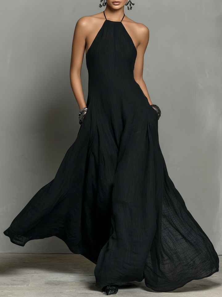 Dames Minimalistische Linnenmix Halternek Mouwloze Maxi Jurk MDZ2210A0Y