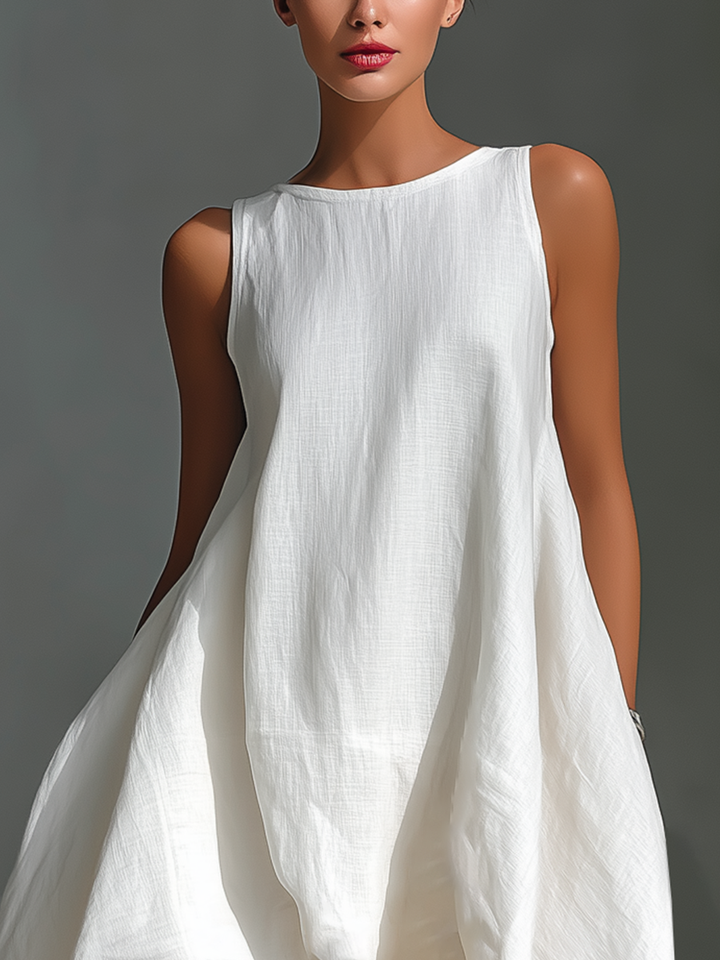 Vrouwen Witte Linnen Stoffen Mouwloze Midi Jurk Met Ronde Hals & Asymmetrische Zoom MDZ0987B9T