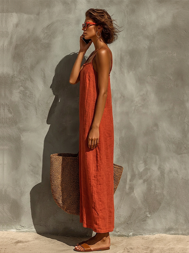 Dames Rode Katoenen Jurk Met Spaghetti Bandjes & Vierkante Hals, Tijdloze Boho-Resort Stijl Jurk MDZ0924C3I