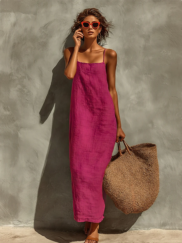 Dames Rode Katoenen Jurk Met Spaghetti Bandjes & Vierkante Hals, Tijdloze Boho-Resort Stijl Jurk MDZ0924C3I
