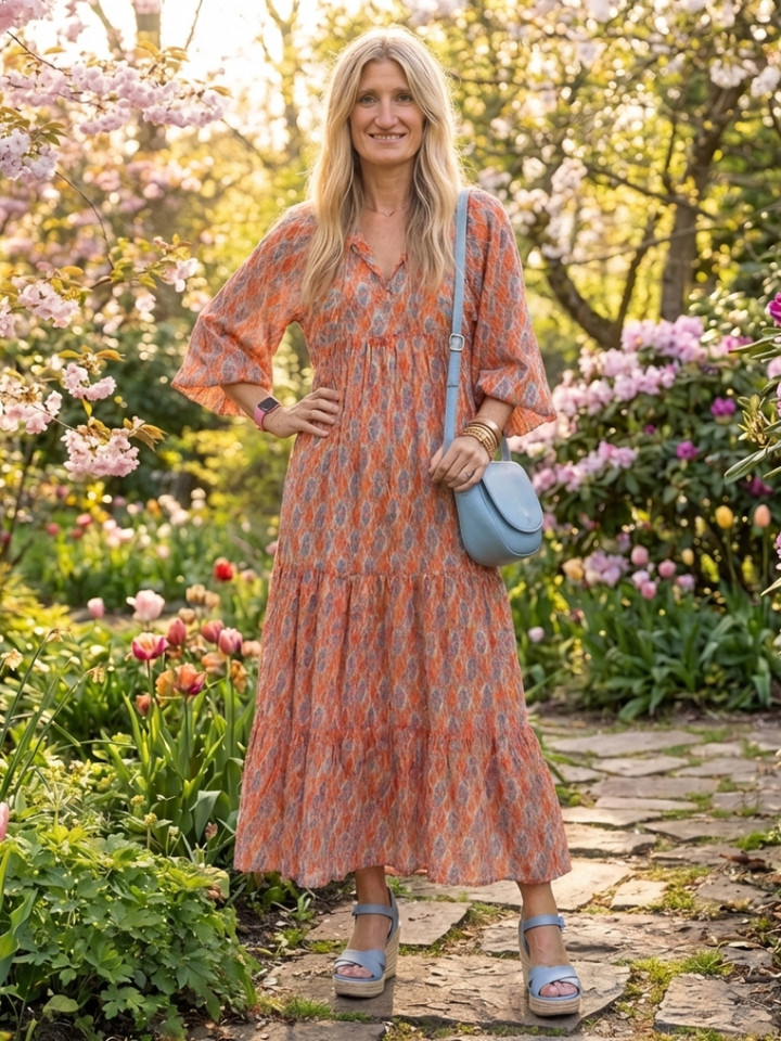 Amara | Geometrische Print V-hals Laag Midi-jurk