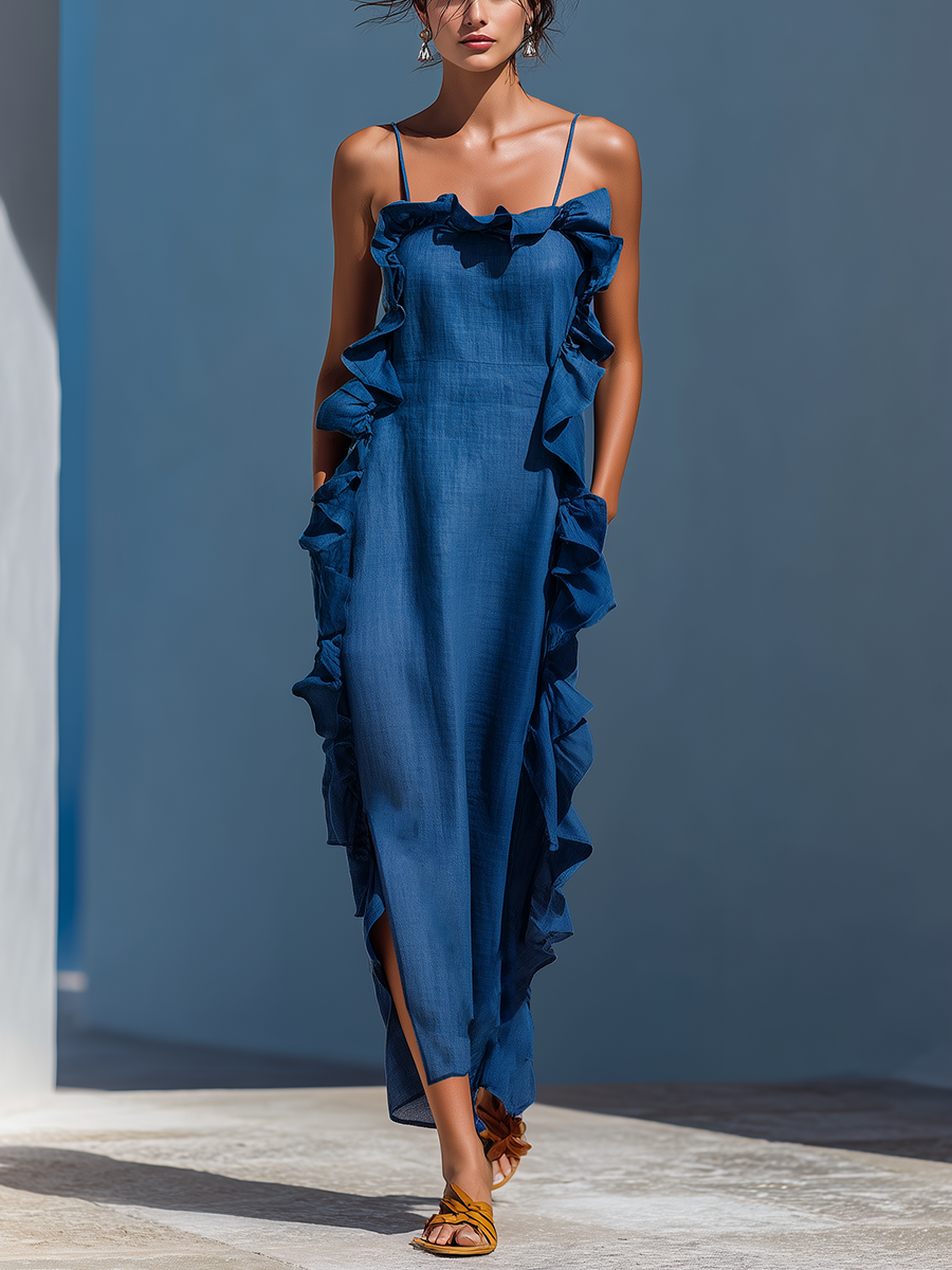 Dames Blauwe Linnenmix Spaghetti Strap Ruffle Trim Maxi Jurk Met Split MDZ2407D1T