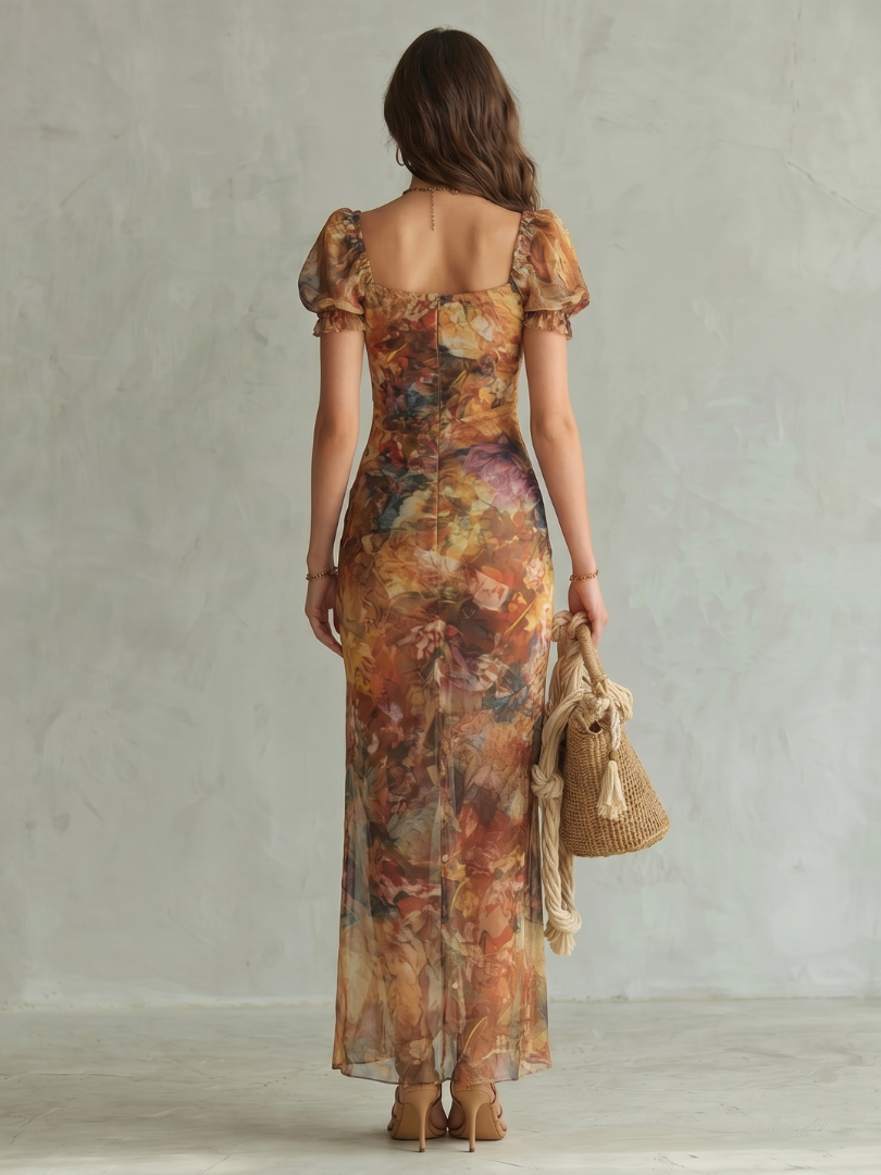 Ciel | Rimpel Mouw Ruched Splits Midi Jurk