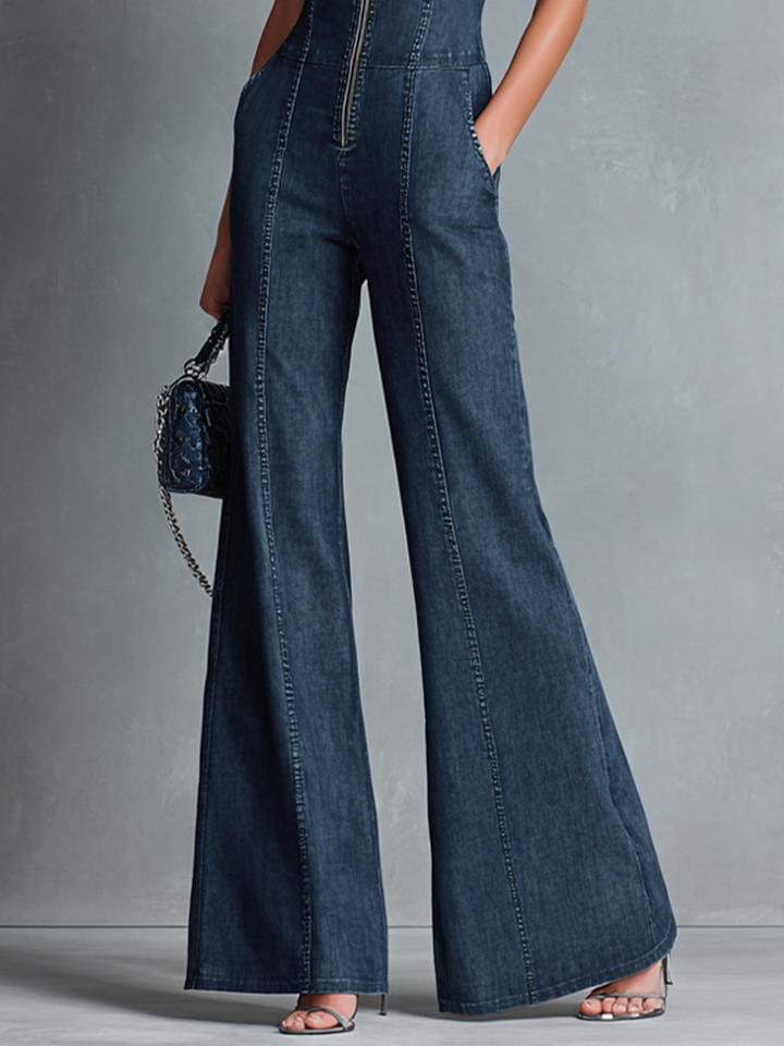 Dames Retro Stijl Donkerblauwe Denim Mouwloze Hoge Hals Uitlopende Jumpsuit Met Voorrits MDZ1239B2BA